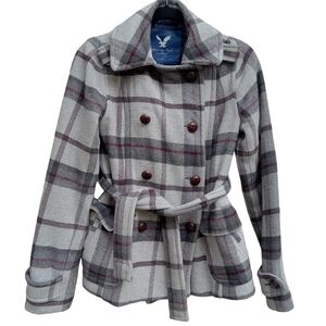 American Eagle Outfitters Pea Coat Gray/Red/Black Plaid Medium Wool Blend
